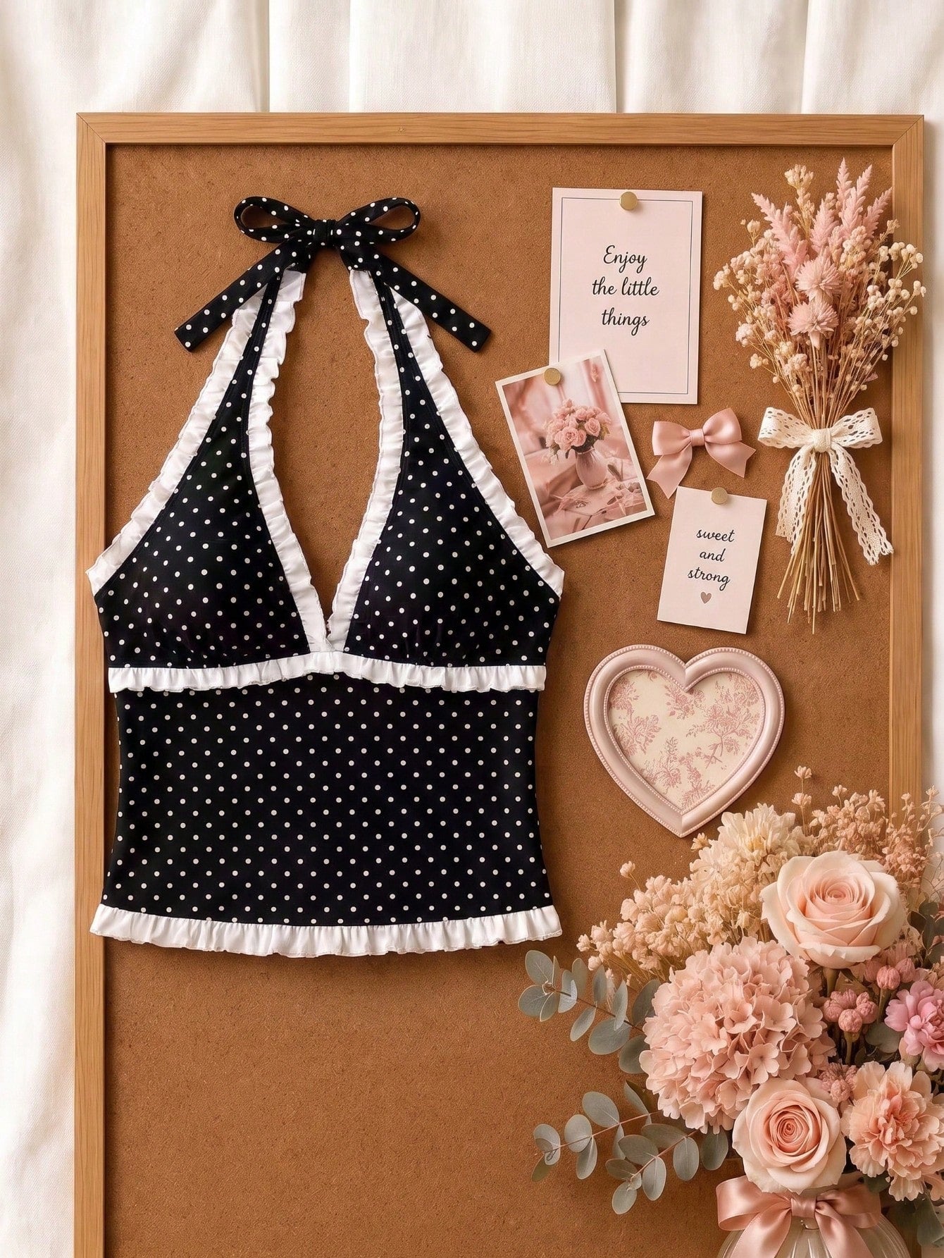 Summer New Fashion Women's Casual Elegant Halter Neck Polka Dot Bikini Set, Ruffle Trim Decor, Beach Vacation Party Outfit