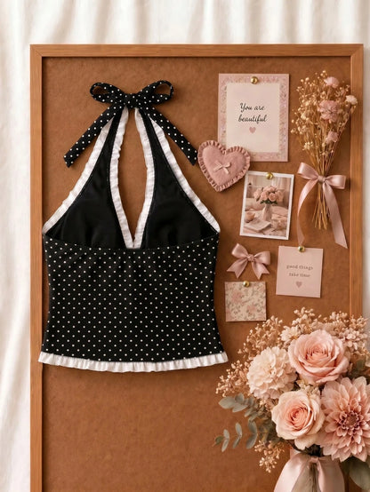 Summer New Fashion Women's Casual Elegant Halter Neck Polka Dot Bikini Set, Ruffle Trim Decor, Beach Vacation Party Outfit