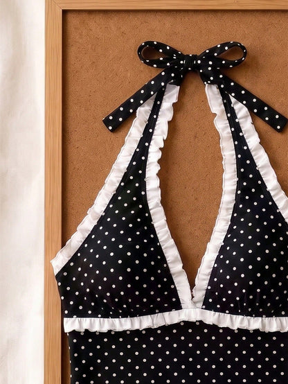 Summer New Fashion Women's Casual Elegant Halter Neck Polka Dot Bikini Set, Ruffle Trim Decor, Beach Vacation Party Outfit