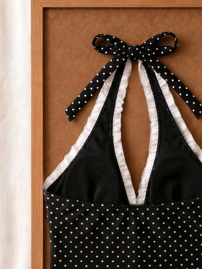 Summer New Fashion Women's Casual Elegant Halter Neck Polka Dot Bikini Set, Ruffle Trim Decor, Beach Vacation Party Outfit
