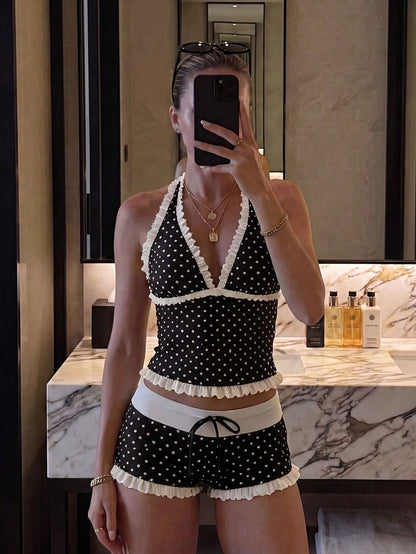 Summer New Fashion Women's Casual Elegant Halter Neck Polka Dot Bikini Set, Ruffle Trim Decor, Beach Vacation Party Outfit