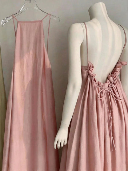 Summer New Women's Dress, Casual, Beach Vacation Dress, Elegant Pink Open Back Ruched Tie Waist Dress Party