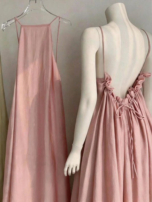 Summer New Women's Dress, Casual, Beach Vacation Dress, Elegant Pink Open Back Ruched Tie Waist Dress Party