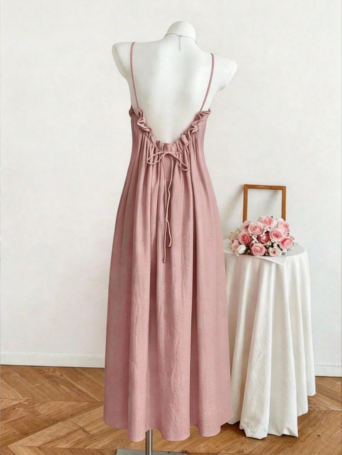 Summer New Women's Dress, Casual, Beach Vacation Dress, Elegant Pink Open Back Ruched Tie Waist Dress Party
