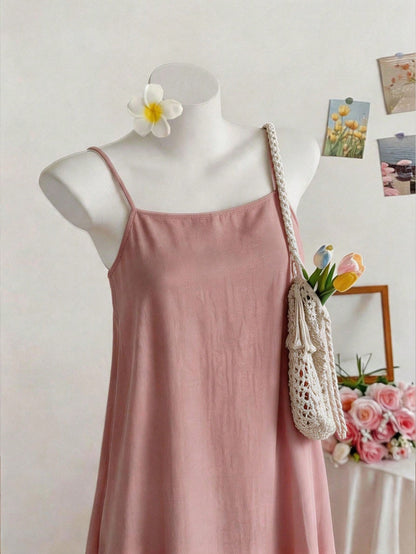 Summer New Women's Dress, Casual, Beach Vacation Dress, Elegant Pink Open Back Ruched Tie Waist Dress Party