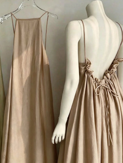 Summer New Women's Dress, Casual, Beach Vacation Dress, Elegant Pink Open Back Ruched Tie Waist Dress Party