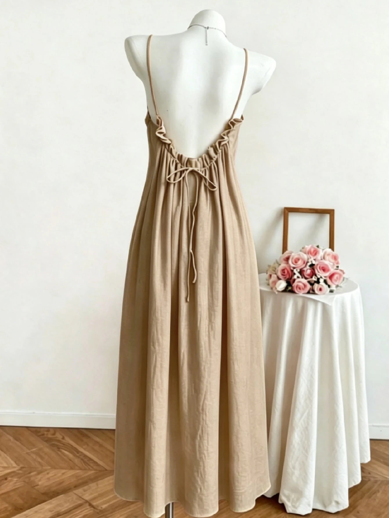 Summer New Women's Dress, Casual, Beach Vacation Dress, Elegant Pink Open Back Ruched Tie Waist Dress Party