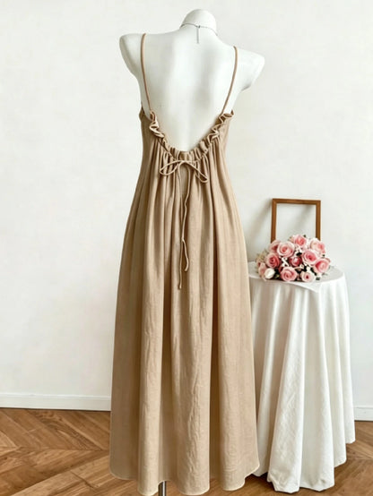 Summer New Women's Dress, Casual, Beach Vacation Dress, Elegant Pink Open Back Ruched Tie Waist Dress Party