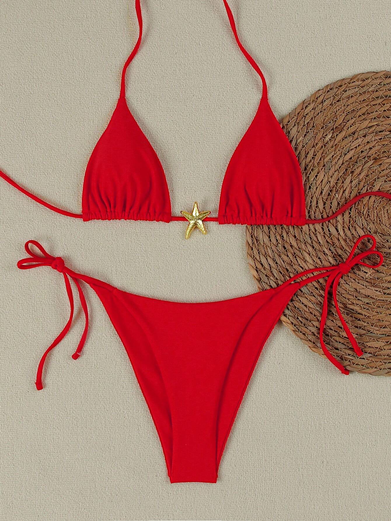 Summer Sexy Metal Starfish Decor Solid Color Women's Bikini Two Pieces Set, Beach Vacation Party Fashion Elegant Casual Swimsuit Set