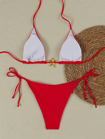 Summer Sexy Metal Starfish Decor Solid Color Women's Bikini Two Pieces Set, Beach Vacation Party Fashion Elegant Casual Swimsuit Set