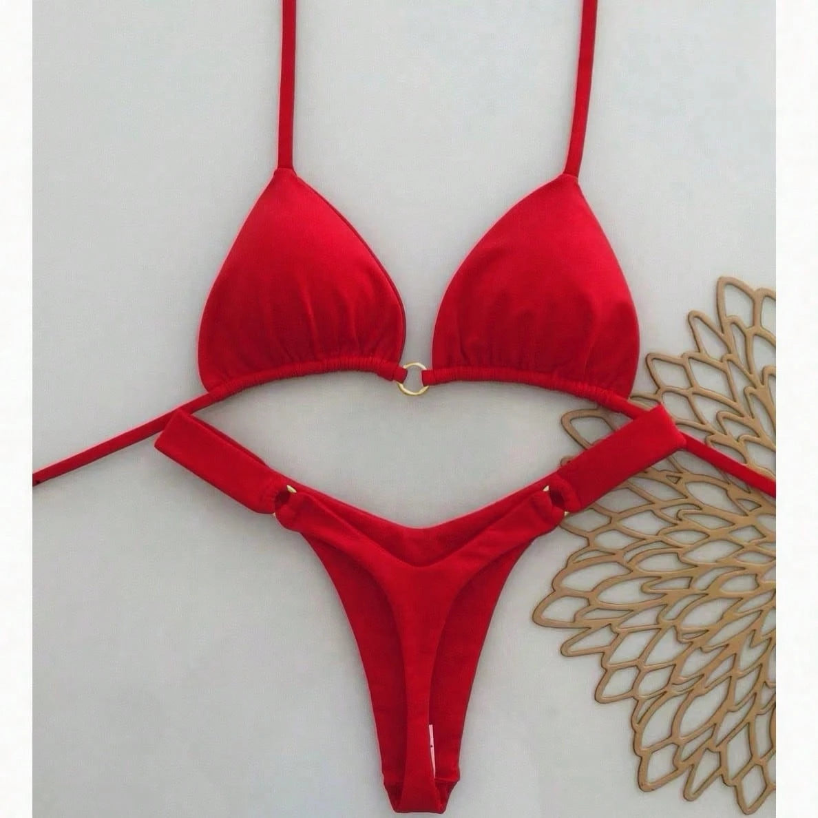 Summer Vacation Beach Solid Color Bikini Set Red, High Waisted