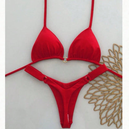 Summer Vacation Beach Solid Color Bikini Set Red, High Waisted