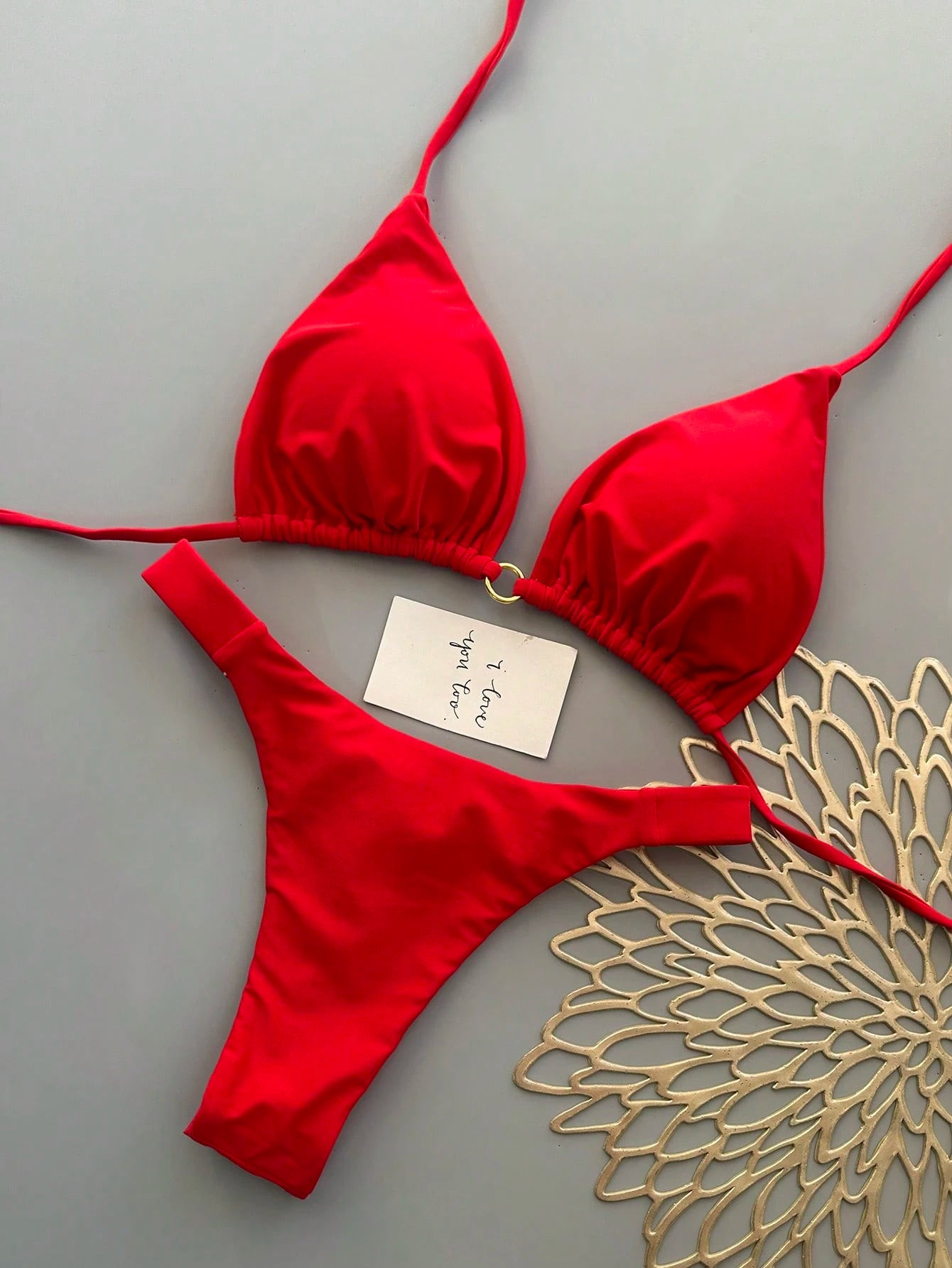Summer Vacation Beach Solid Color Bikini Set Red, High Waisted
