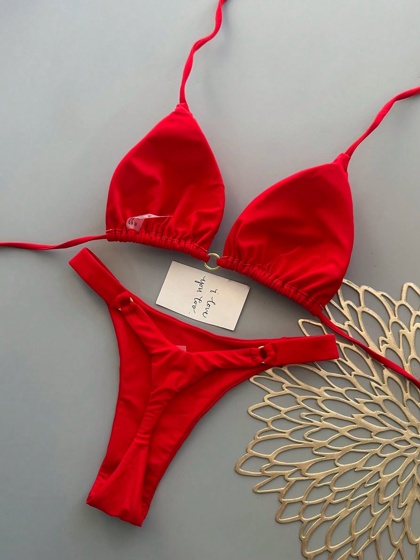 Summer Vacation Beach Solid Color Bikini Set Red, High Waisted