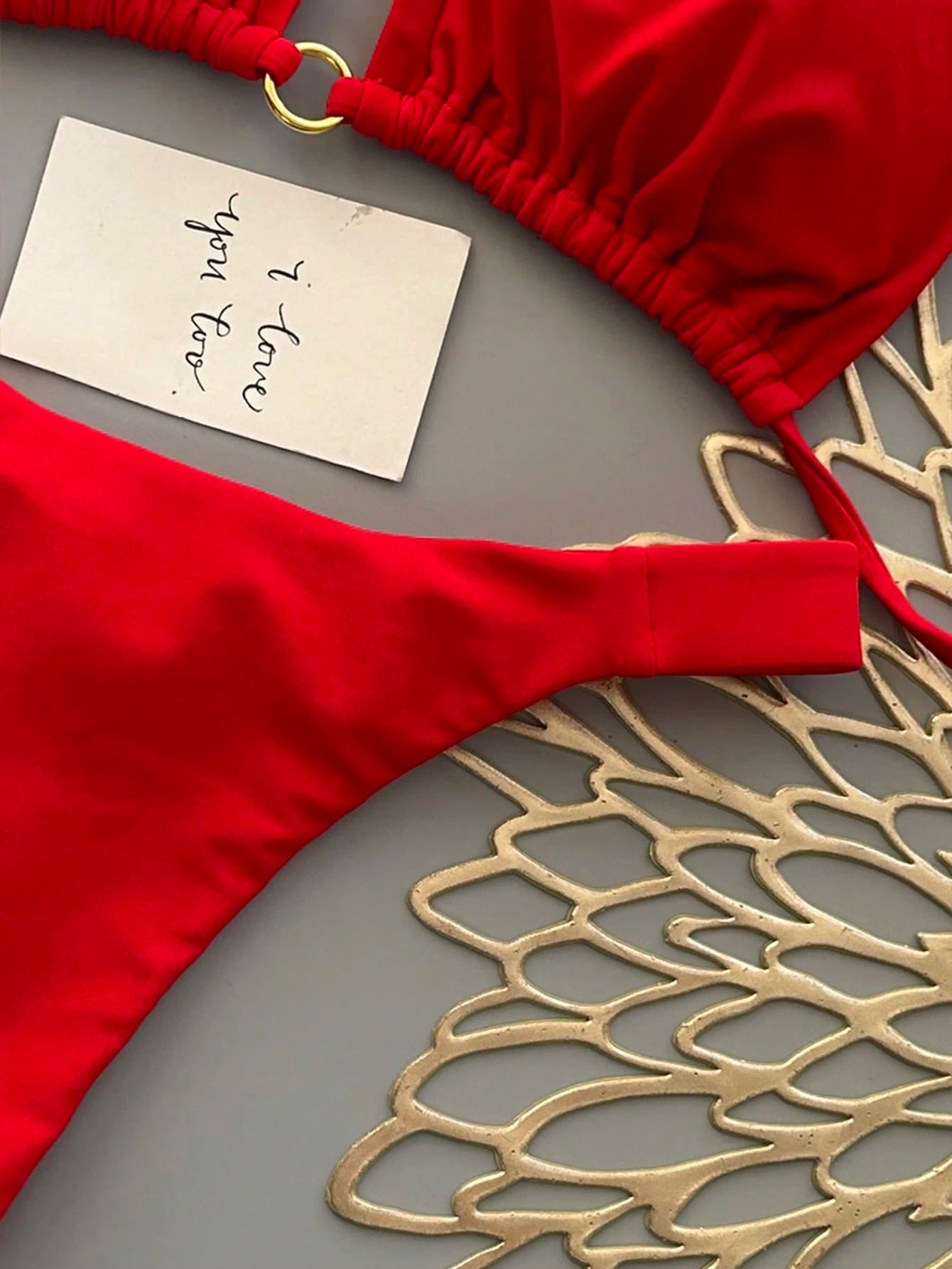 Summer Vacation Beach Solid Color Bikini Set Red, High Waisted