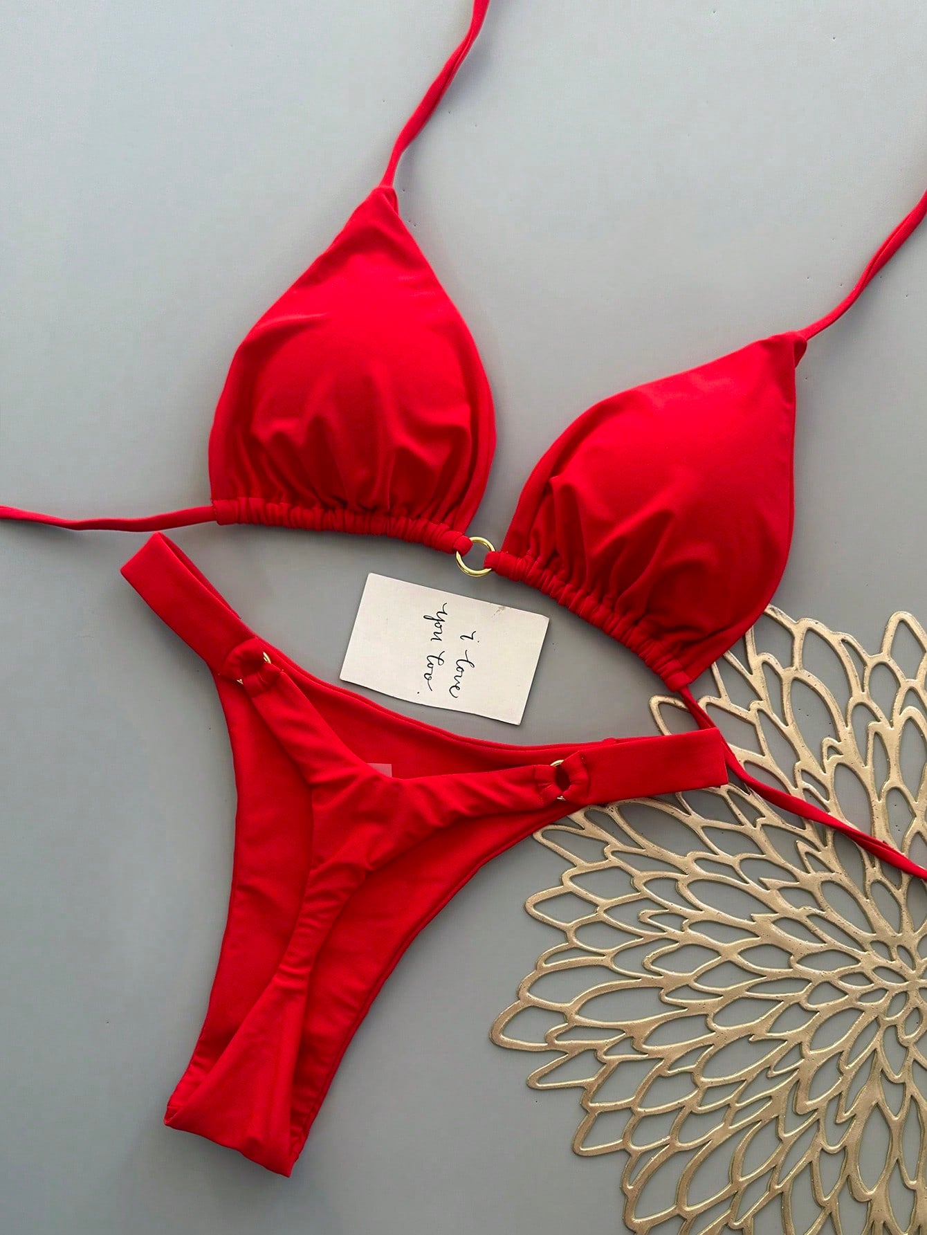 Summer Vacation Beach Solid Color Bikini Set Red, High Waisted