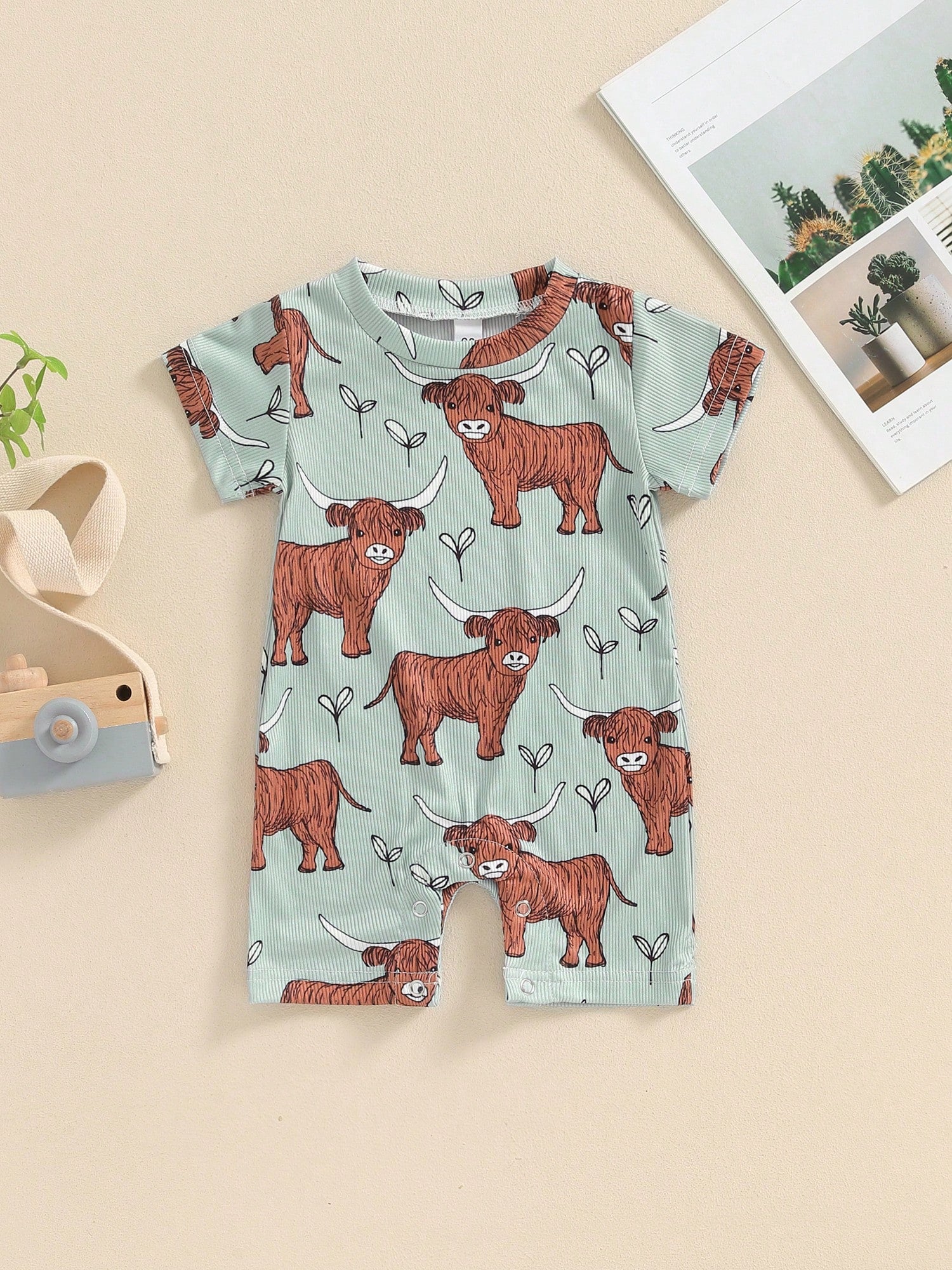Summer Western Baby Clothes Highland Cow Print Jumpsuit Short Sleeve One Piece Bodysuit Country Baby Outfit