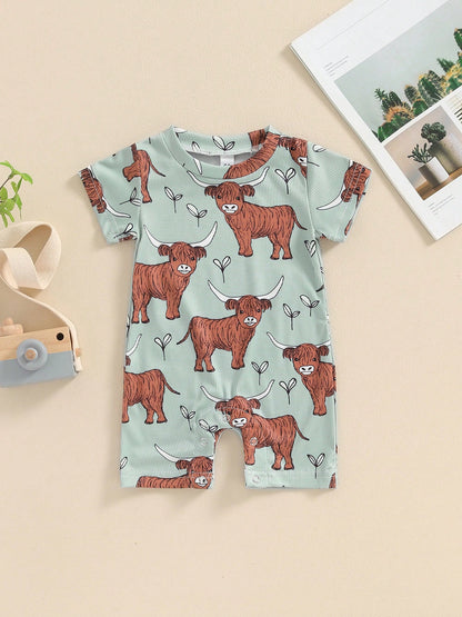 Summer Western Baby Clothes Highland Cow Print Jumpsuit Short Sleeve One Piece Bodysuit Country Baby Outfit