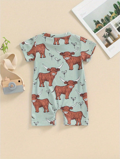 Summer Western Baby Clothes Highland Cow Print Jumpsuit Short Sleeve One Piece Bodysuit Country Baby Outfit