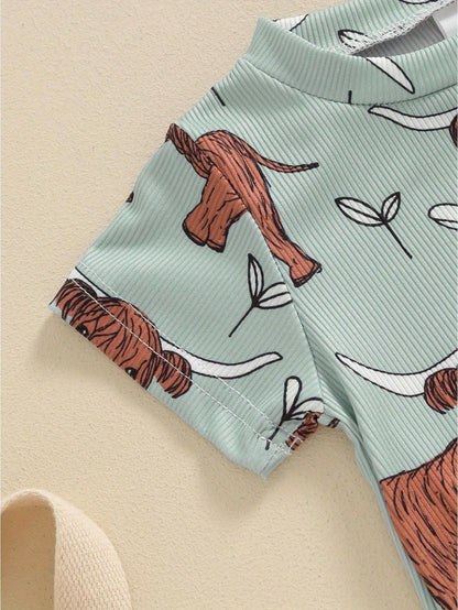 Summer Western Baby Clothes Highland Cow Print Jumpsuit Short Sleeve One Piece Bodysuit Country Baby Outfit