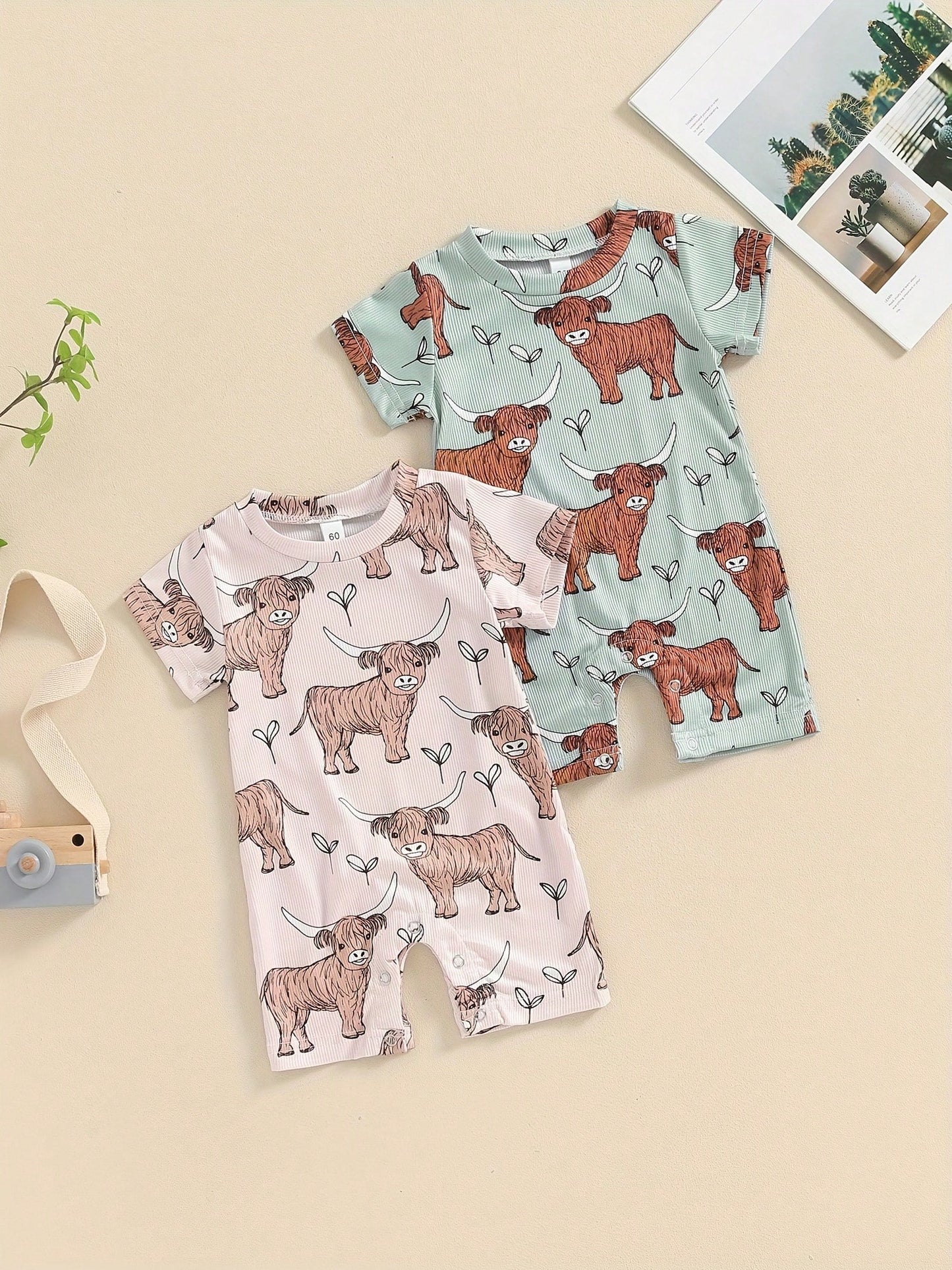 Summer Western Baby Clothes Highland Cow Print Jumpsuit Short Sleeve One Piece Bodysuit Country Baby Outfit