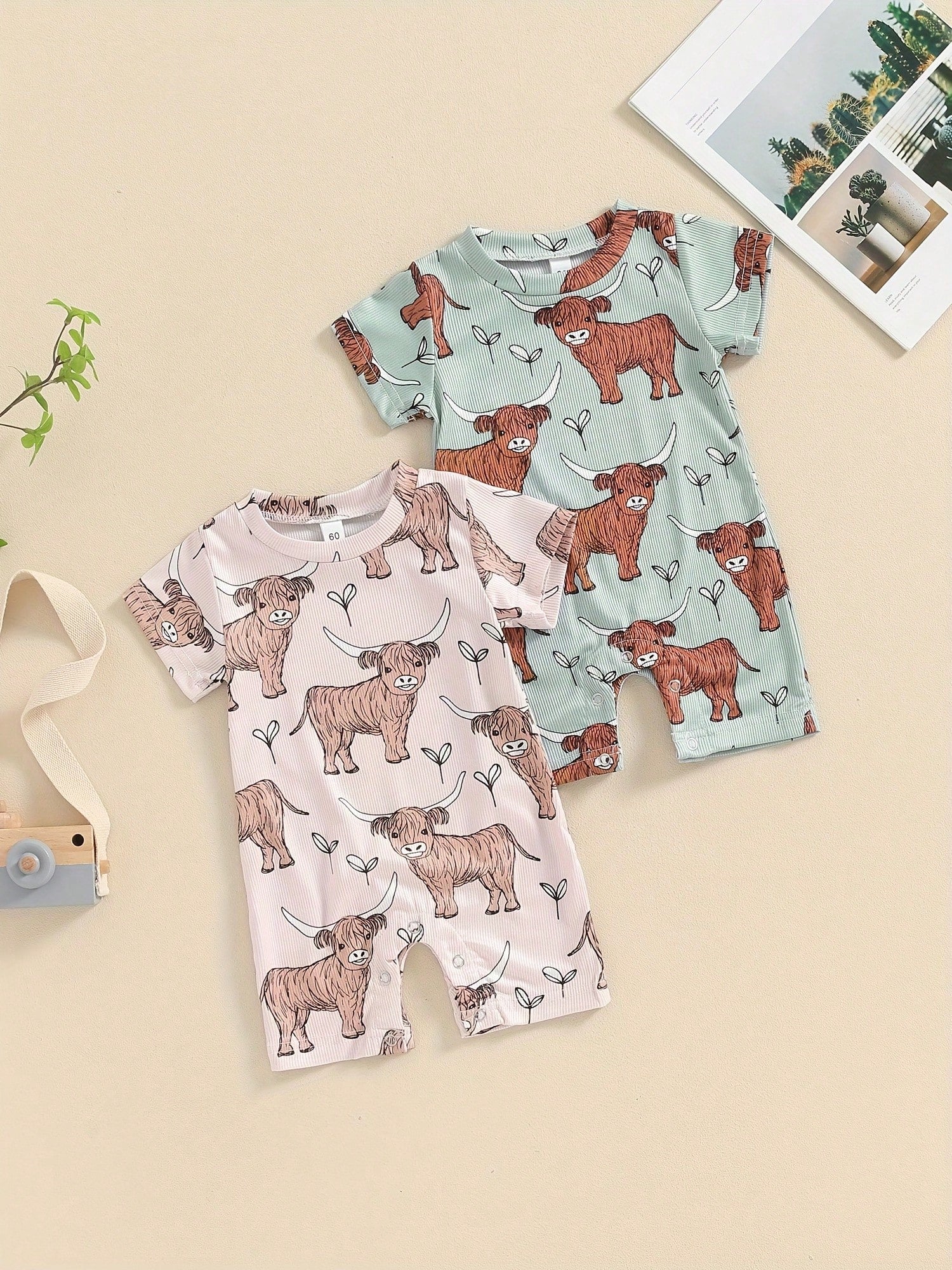 Summer Western Baby Clothes Highland Cow Print Jumpsuit Short Sleeve One Piece Bodysuit Country Baby Outfit