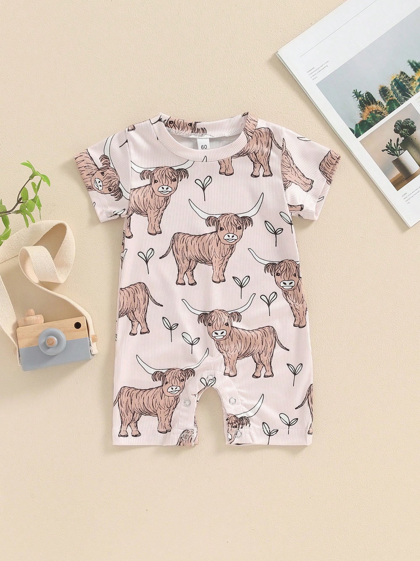 Summer Western Baby Clothes Highland Cow Print Jumpsuit Short Sleeve One Piece Bodysuit Country Baby Outfit