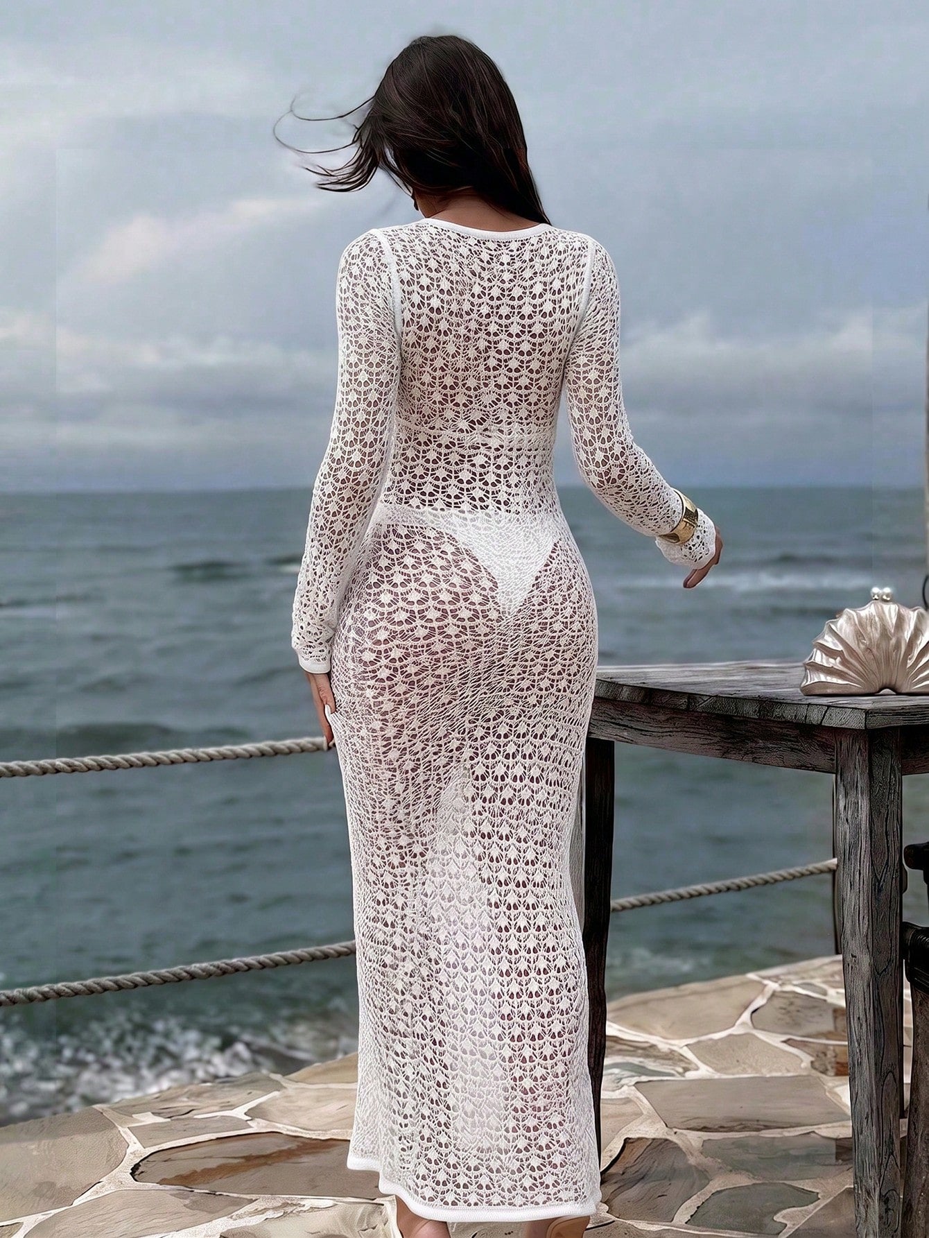 Summer White Beach Cover-Up Long Sleeve Crochet Knit Dress Sheer Lace-Up V-Neck Bikini Set Vacation