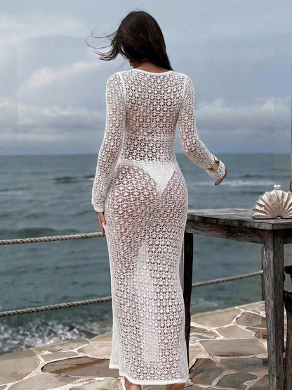 Summer White Beach Cover-Up Long Sleeve Crochet Knit Dress Sheer Lace-Up V-Neck Bikini Set Vacation