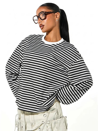 SUMWON Plus Size Long Sleeve Striped Crew Neck Oversized T-Shirt Top Casual Everyday Layering Tee Fall Winter