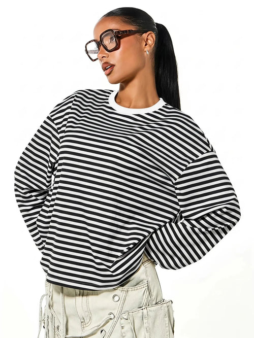 SUMWON Plus Size Long Sleeve Striped Crew Neck Oversized T-Shirt Top Casual Everyday Layering Tee Fall Winter