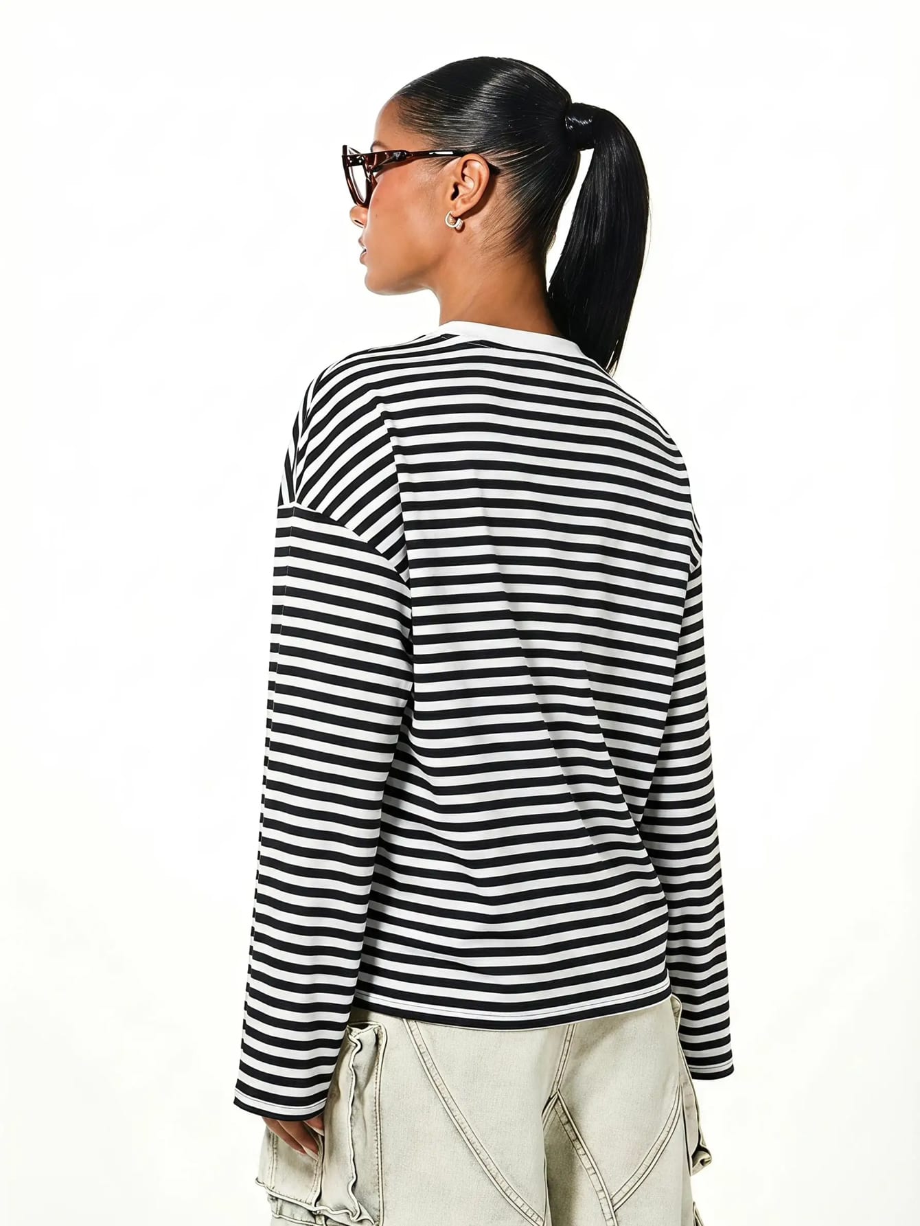 SUMWON Plus Size Long Sleeve Striped Crew Neck Oversized T-Shirt Top Casual Everyday Layering Tee Fall Winter