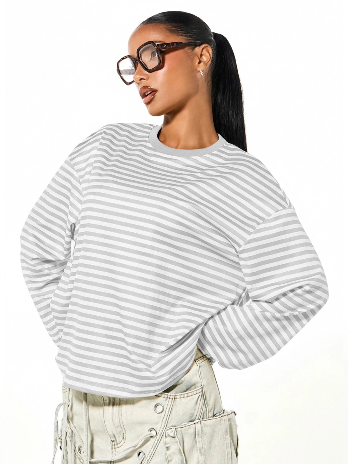 SUMWON Plus Size Long Sleeve Striped Crew Neck Oversized T-Shirt Top Casual Everyday Layering Tee Fall Winter