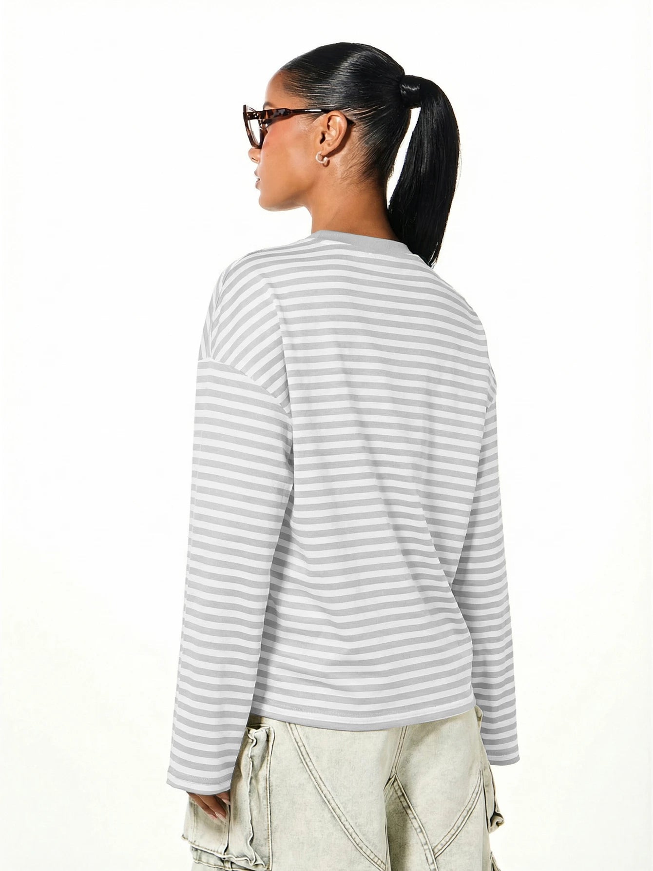 SUMWON Plus Size Long Sleeve Striped Crew Neck Oversized T-Shirt Top Casual Everyday Layering Tee Fall Winter