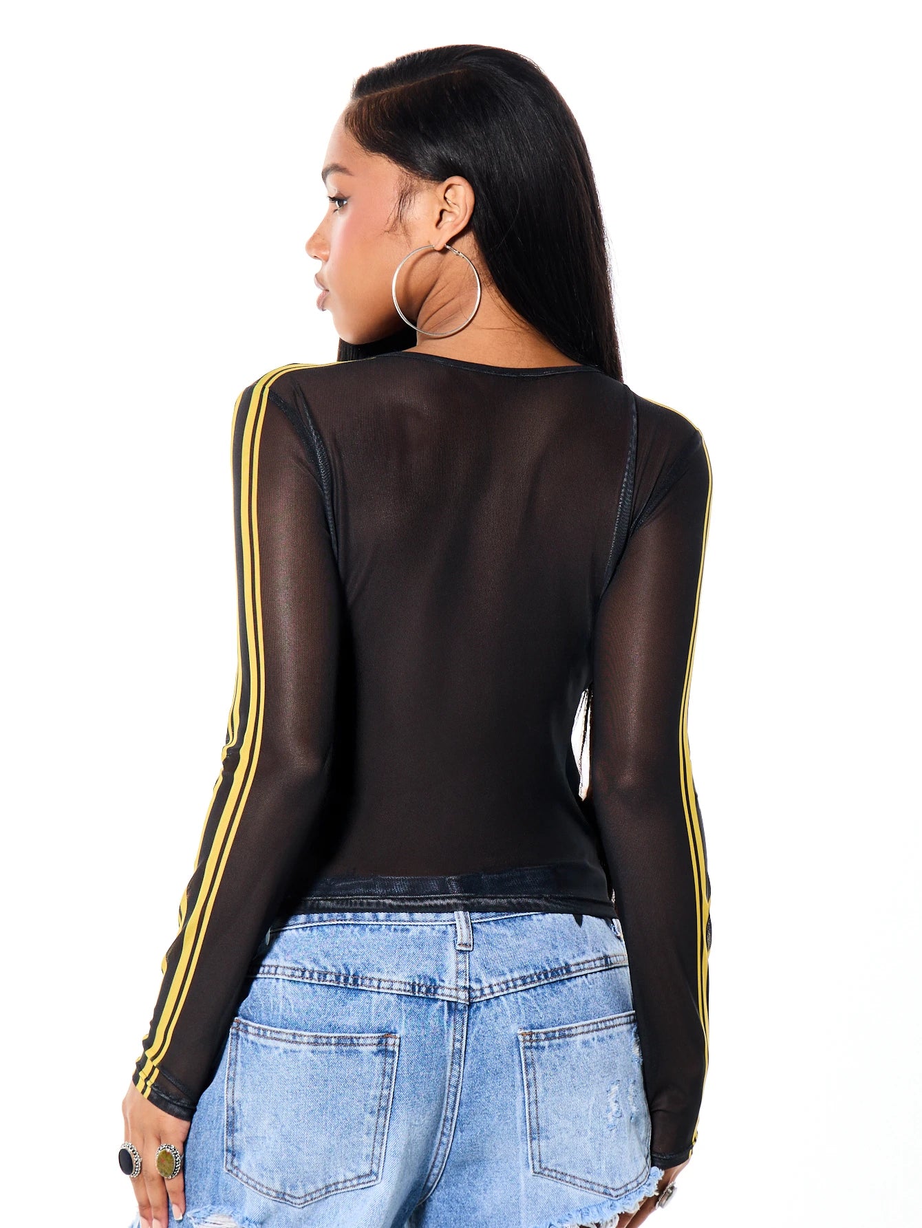 SUMWON Sheer Mesh Long Sleeve Top With Gold Script Print And Stripe Detail Scoop Neck Fitted See Through Party Night Out Top