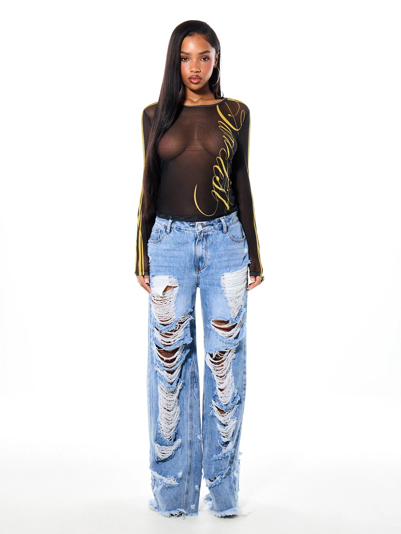 SUMWON Sheer Mesh Long Sleeve Top With Gold Script Print And Stripe Detail Scoop Neck Fitted See Through Party Night Out Top