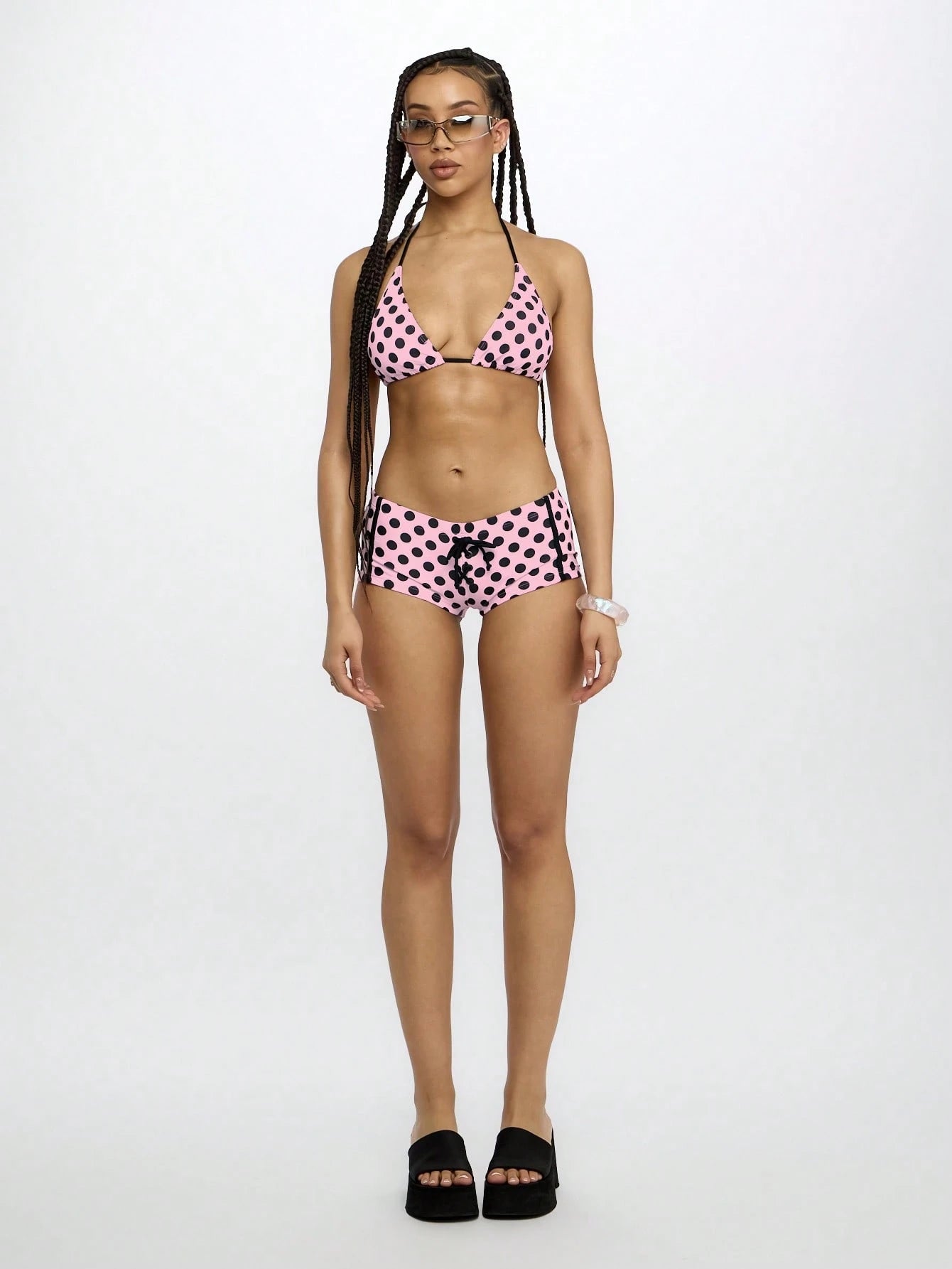 SUMWON WOMEN Bow Detail Polka Dot Bikini Set Summer Beach Swimming Pool Resort Vacation High Rise Boyshort Style Swimwear