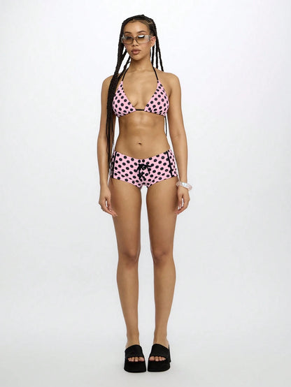 SUMWON WOMEN Bow Detail Polka Dot Bikini Set Summer Beach Swimming Pool Resort Vacation High Rise Boyshort Style Swimwear