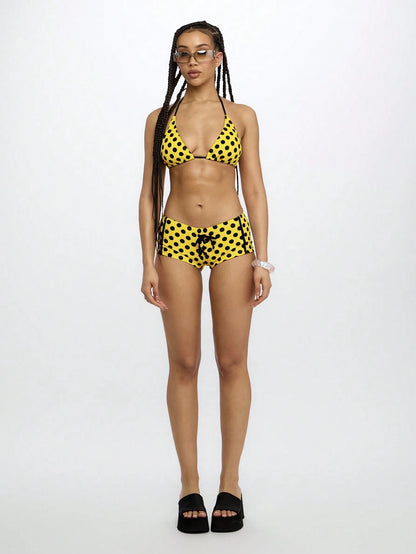 SUMWON WOMEN Polka Dot Halter Bikini Set With Drawstring Boy Shorts Summer Beach Bathing Suit Retro Style Swimwear