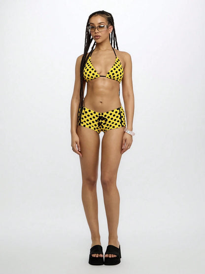 SUMWON WOMEN Polka Dot Halter Bikini Set With Drawstring Boy Shorts Summer Beach Bathing Suit Retro Style Swimwear