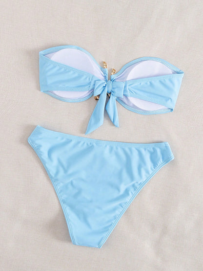 Sundfotday Women's Fashion Sexy Bandeau Bikini Set With Gold Clip Decor, Two-Piece Swimwear For Party And Beach Vacation Summer