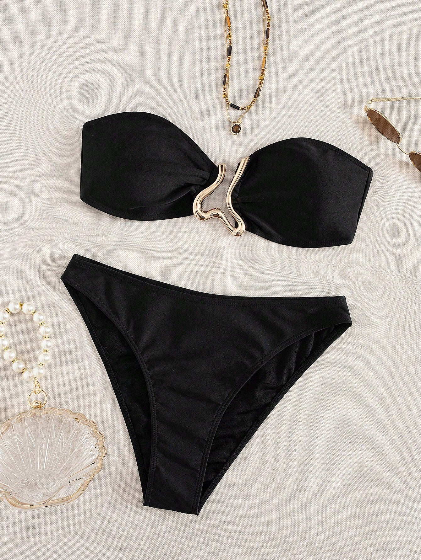 Sundfotday Women's Fashion Sexy Bandeau Bikini Set With Gold Clip Decor, Two-Piece Swimwear For Party And Beach Vacation Summer