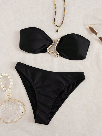 Sundfotday Women's Fashion Sexy Bandeau Bikini Set With Gold Clip Decor, Two-Piece Swimwear For Party And Beach Vacation Summer
