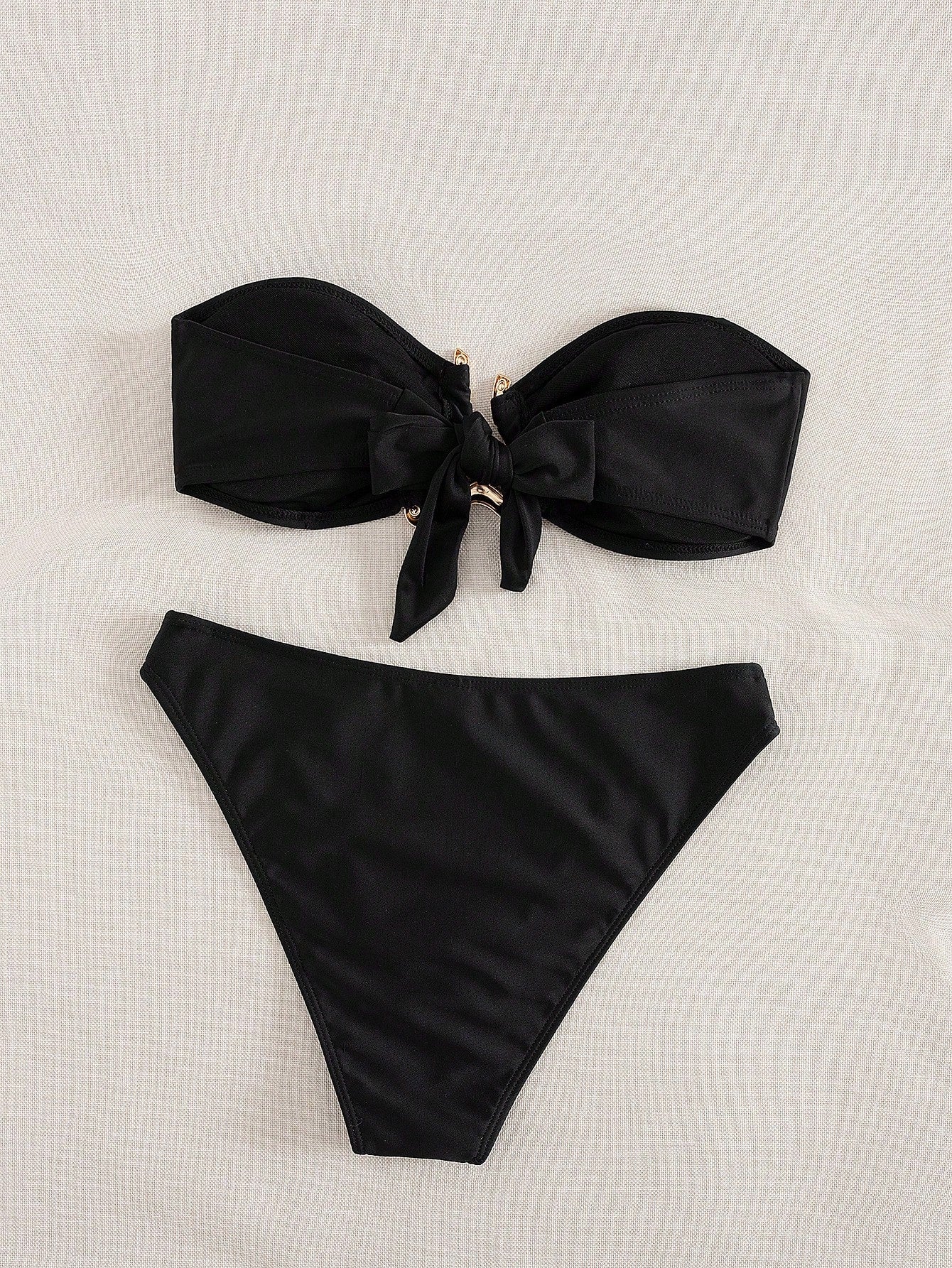 Sundfotday Women's Fashion Sexy Bandeau Bikini Set With Gold Clip Decor, Two-Piece Swimwear For Party And Beach Vacation Summer