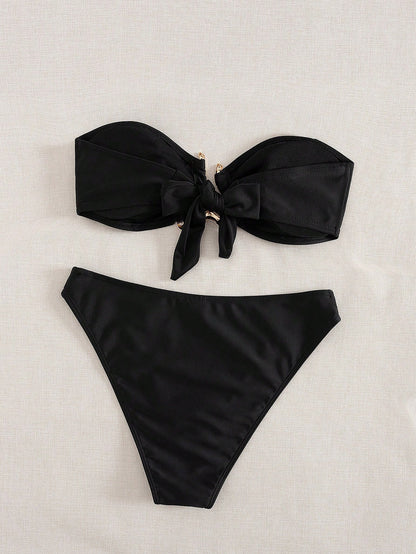 Sundfotday Women's Fashion Sexy Bandeau Bikini Set With Gold Clip Decor, Two-Piece Swimwear For Party And Beach Vacation Summer