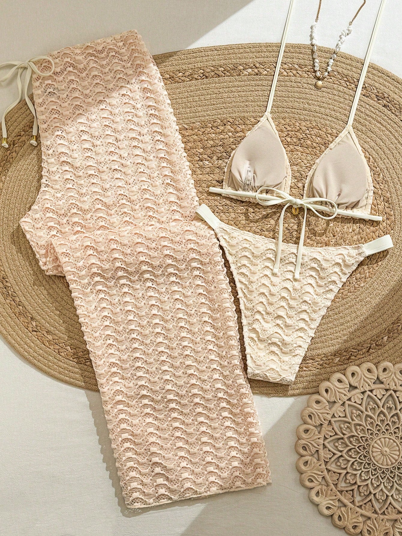 Sunnyshic 2026 Spring/Summer New Women's Gentle Light Apricot Wavy Textured 3-Piece Swimsuit Set, Thin White Halter Triangle Bikini Top, Side Tie High Cut Bottoms, Side Tie Hollow Out Long Pants, Bohe