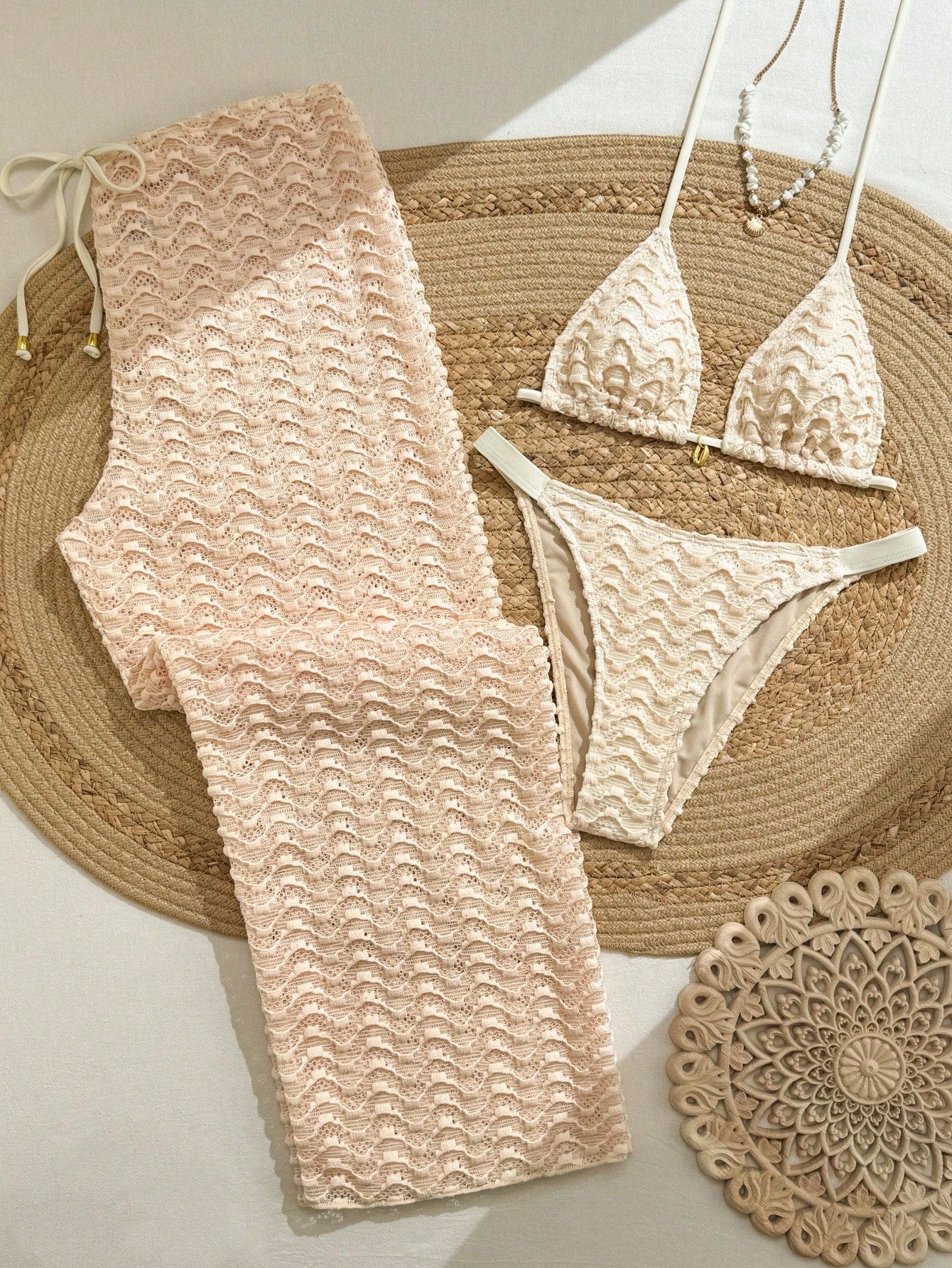 Sunnyshic 2026 Spring/Summer New Women's Gentle Light Apricot Wavy Textured 3-Piece Swimsuit Set, Thin White Halter Triangle Bikini Top, Side Tie High Cut Bottoms, Side Tie Hollow Out Long Pants, Bohe