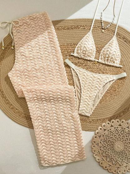 Sunnyshic 2026 Spring/Summer New Women's Gentle Light Apricot Wavy Textured 3-Piece Swimsuit Set, Thin White Halter Triangle Bikini Top, Side Tie High Cut Bottoms, Side Tie Hollow Out Long Pants, Bohe