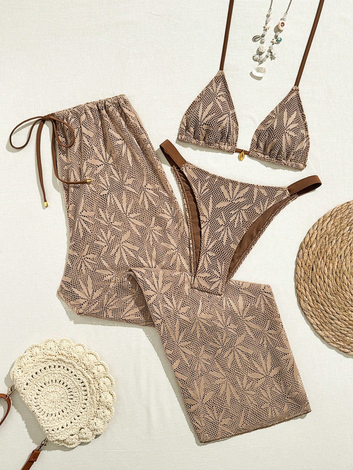 Sunnyshic 2026 Spring/Summer New Women's Gentle Light Apricot Wavy Textured 3-Piece Swimsuit Set, Thin White Halter Triangle Bikini Top, Side Tie High Cut Bottoms, Side Tie Hollow Out Long Pants, Bohe