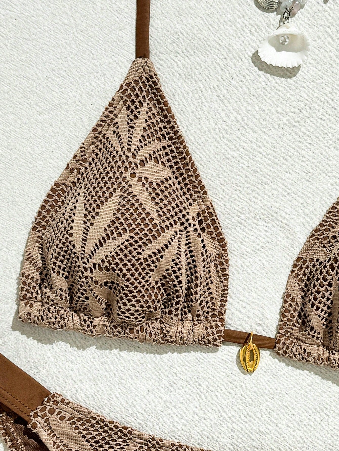 Sunnyshic 2026 Spring/Summer New Women's Gentle Light Apricot Wavy Textured 3-Piece Swimsuit Set, Thin White Halter Triangle Bikini Top, Side Tie High Cut Bottoms, Side Tie Hollow Out Long Pants, Bohe